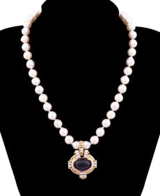 AMETHYST AND DIAMOND PENDANT ON 9-9.5MM WHITE