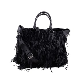 PRADA BLACK VITELLO LEATHER FRINGE TOTE WITH STUDS