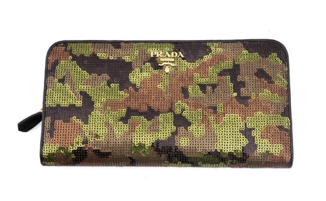 PRADA CAMO SEQUIN WALLET WITH LEATHER TRIM
