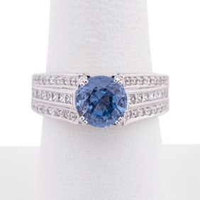 ROUND BLUE SAPPHIRE IN DIAMOND PAVE 18K WG RING
