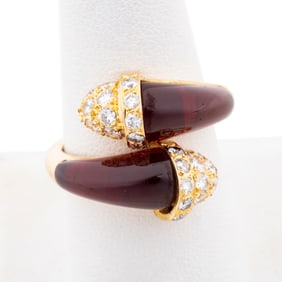 CARVED GARNET AND DIAMOND 18K YG BYPASS RING