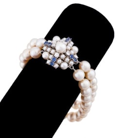 PEARL, SAPPHIRE, DIAMOND & 14K WG BRACELET