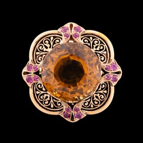 CITRINE, RUBY & 14K YELLOW GOLD BROOCH