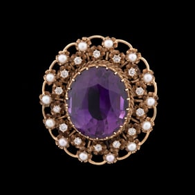 AMETHYST, DIAMOND, PEARL & 14K YG BROOCH