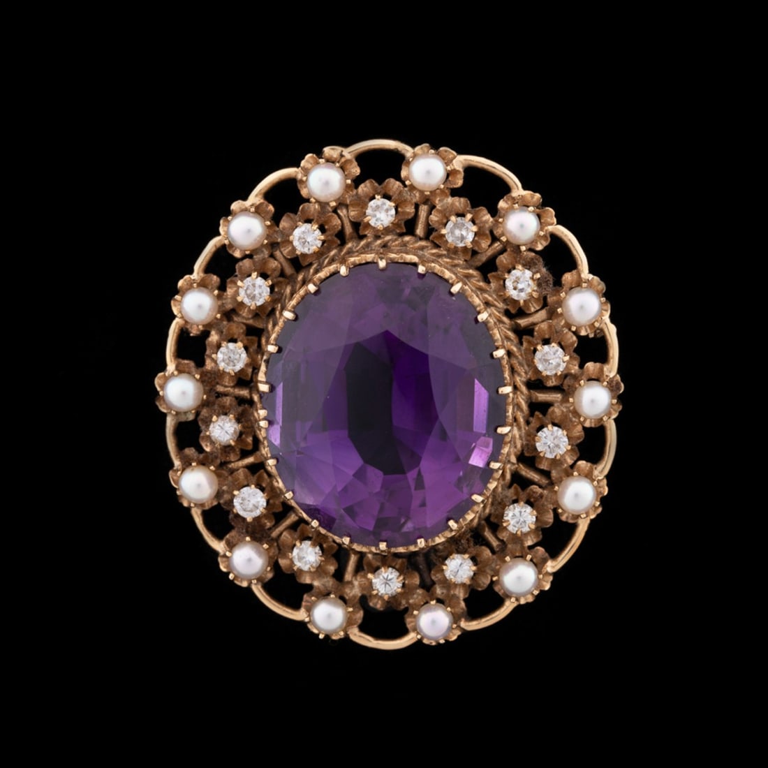 AMETHYST, DIAMOND, PEARL & 14K YG BROOCH (1 of 6)