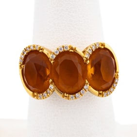 THREE CITRINE, DIAMOND & 18K YG RING