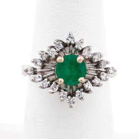 EMERALD, DIAMOND & 14K WG RING
