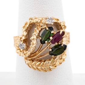 GREEN TOURMALINE, RUBY, DIAMOND & 14K RING