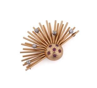 RUBY, DIAMOND & 14K YG SPUTNIK FORM PIN