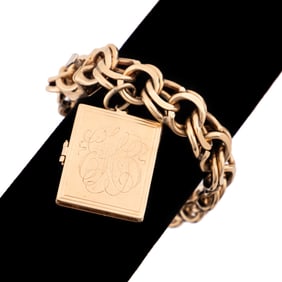 14K YG DOUBLE CURB LINK BRACELET W/ BOOK CHARM