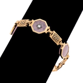 ROSE QUARTZ, DIAMOND & 14K GOLD FILIGREE BRACELET
