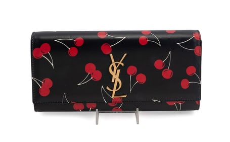 SAINT LAURENT CHERRY PRINT LEATHER YSL LOGO CLUTCH