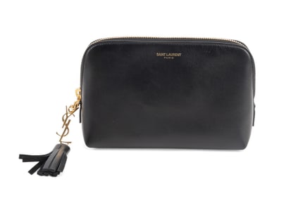 SAINT LAURENT BLACK LEATHER YSL ZIP COSMETIC BAG