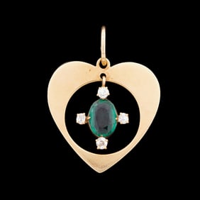 EMERALD, DIAMOND & 14K YG HEART PENDANT
