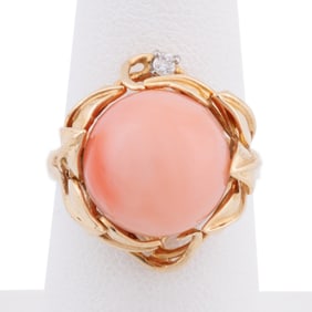 14K CORAL & DIAMOND YELLOW GOLD RING
