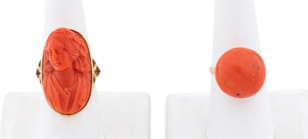 TWO CORAL COCKTAIL 18K YELLOW GOLD RINGS