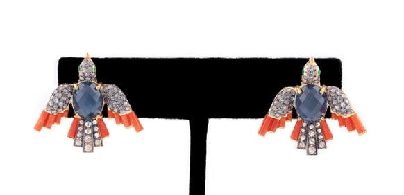 DIAMOND, SAPPHIRE & CORAL FLYING BIRD EARRINGS