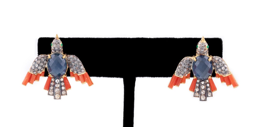 DIAMOND, SAPPHIRE & CORAL FLYING BIRD EARRINGS (1 of 6)