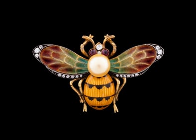 PEARL, ENAMEL, RUBY & DIAMOND INSECT BROOCH