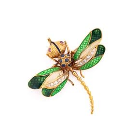 MULTI-GEMSTONE, ENAMEL & 18K DRAGONFLY PIN
