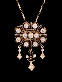 DIAMOND, BLACK ENAMEL & 14K YG PENDANT NECKLACE