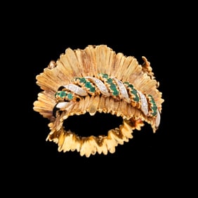 EMERALD, DIAMOND & TWO TONE 18K BROOCH