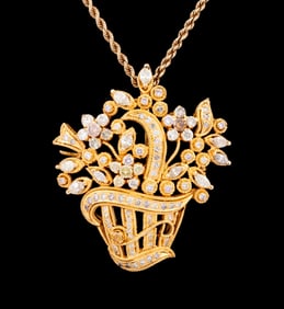 DIAMOND & 18K FLORAL BASKET PENDANT NECKLACE