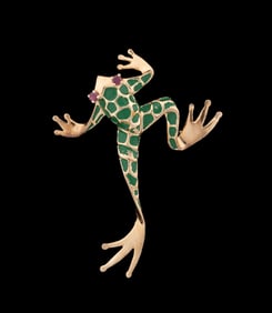 DANKNER ENAMEL, RUBY & 14K FROG BROOCH