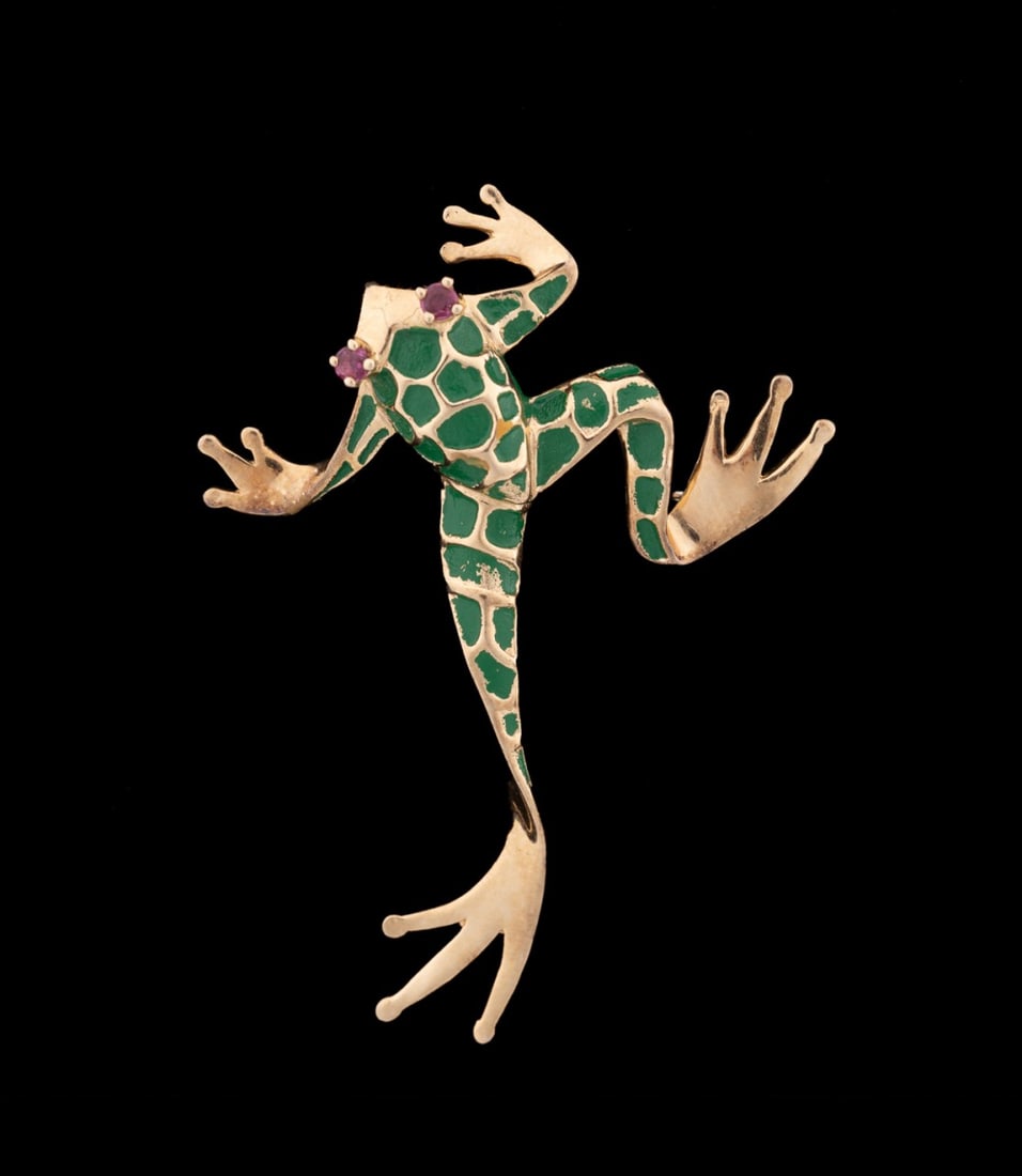 DANKNER ENAMEL, RUBY & 14K FROG BROOCH (1 of 5)