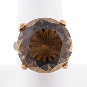 SMOKEY QUARTZ & 14K BAMBOO MOTIF RING