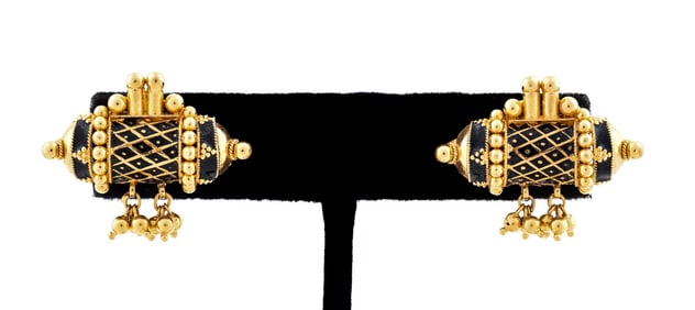 MEENAKARI BLACK ENAMEL 18K YELLOW GOLD EARRINGS