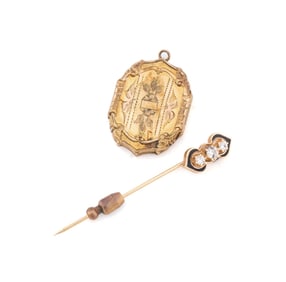 DIAMOND & 14K STICK PIN AND GOLD FILLED LOCKET