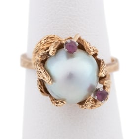 GRAY PEARL & PINK TOPAZ 14K YG COCKTAIL RING