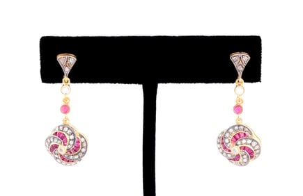 RUBY, DIAMOND & MOONSTONE DANGLE EARRINGS