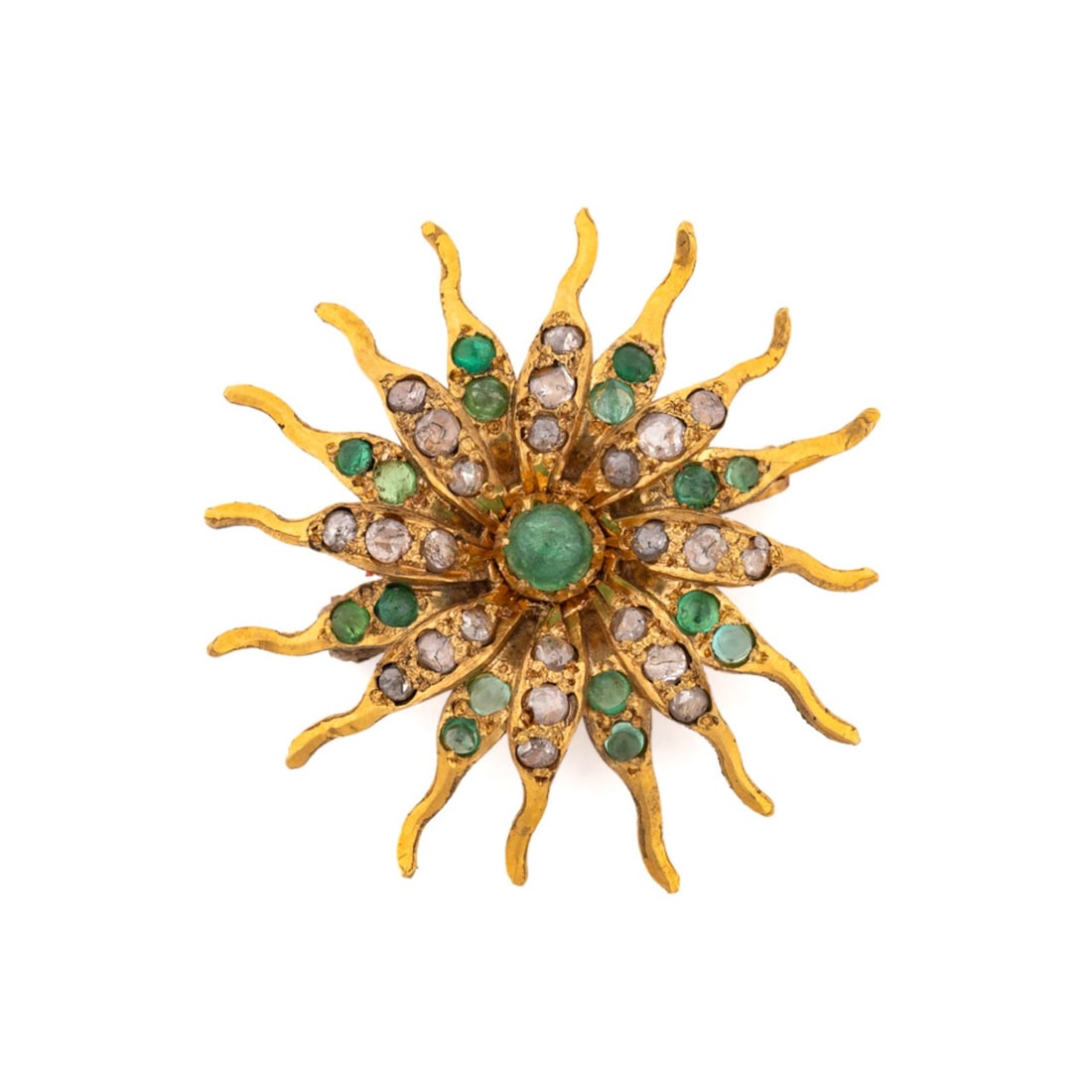 EMERALD & DIAMOND STARBURST 9YG PIN: Victorian style diamond and emerald small starburst pin pendant in 9k yellow gold. Stamped 375 to back. Approximate measurements: dia. 1"; total weight 2.8 grams. Note: Direct credit card payment will