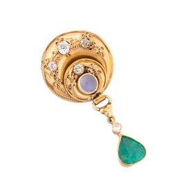 EMERALD, MOONSTONE & DIAMOND 14K YG PENDANT