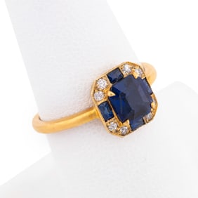 DECO STYLE SAPPHIRE & DIAMOND 9K YELLOW GOLD RING