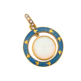 OPAL, SEED PEARL & BLUE ENAMEL 14K YG PENDANT