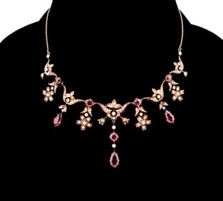 GARNET, SEED PEARL & 14K YG FLORAL NECKLACE