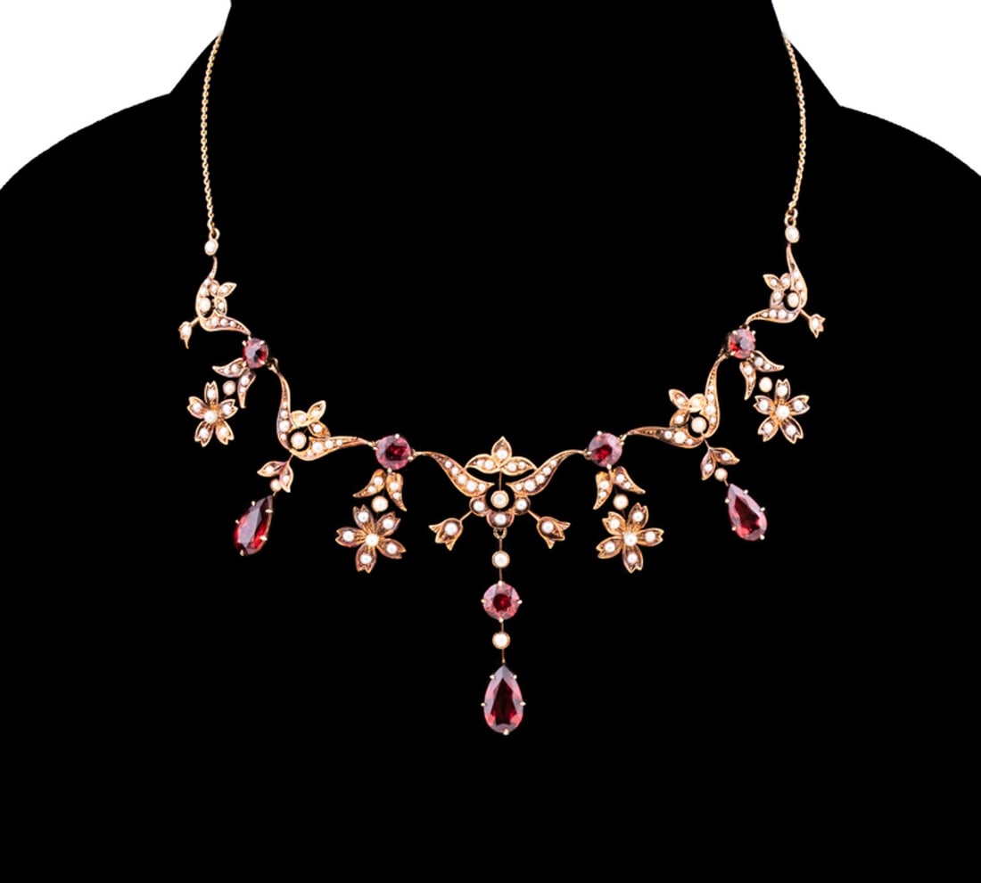 GARNET, SEED PEARL & 14K YG FLORAL NECKLACE (1 of 8)