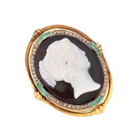 DIAMOND & EMERALD ANTIQUE CAMEO 14K YG BROOCH