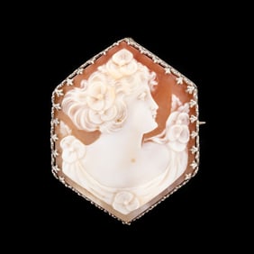 14K WHITE GOLD SHELL CAMEO BROOCH