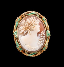 14K YG SHELL CAMEO & ENAMEL BROOCH