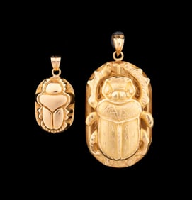 TWO EGYPTIAN SCARAB 18K YELLOW GOLD PENDANTS