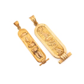 TWO EGYPTIAN CARTOUCHE 18K YELLOW GOLD PENDANTS