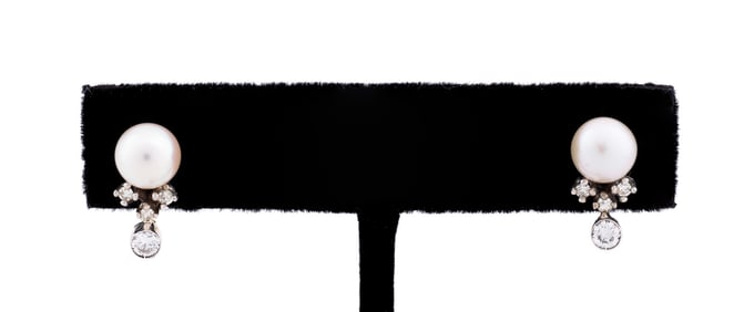 PEARL, DIAMOND & 14K WHITE GOLD EARRINGS