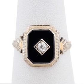 ART DECO ONYX, DIAMOND & 14K YG RING