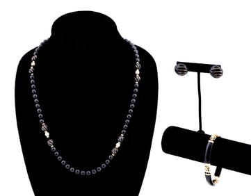 ONYX, PEARL & 14K YELLOW GOLD JEWELRY SET