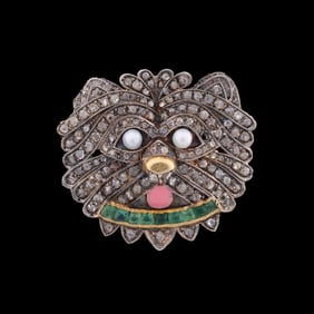 DIAMOND, EMERALD & PEARL DOG MASK PIN PENDANT