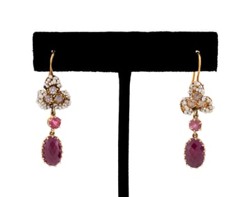 4.20CTW RUBY, TOURMALINE & DIAMOND DANGLE EARRINGS